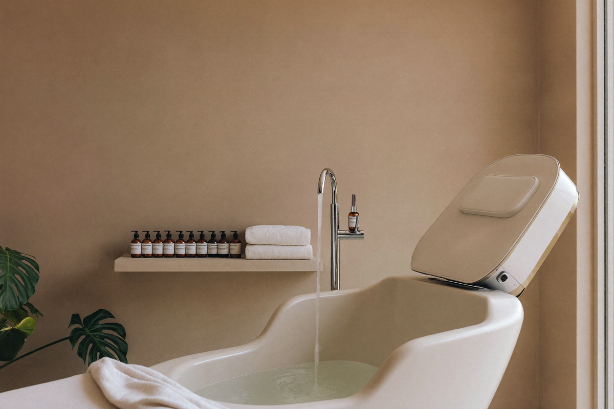Cabine de soin Head Spa en institut, ambiance épurée et haut de gamme